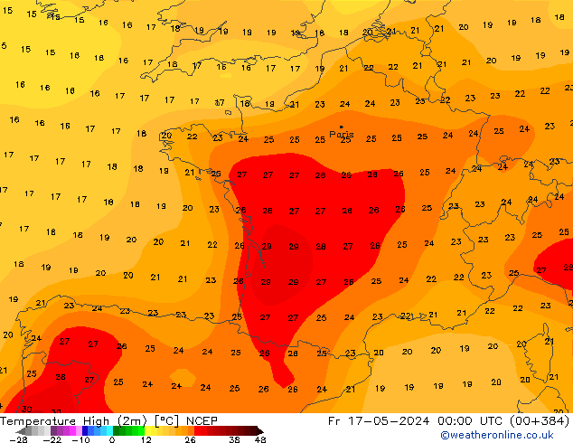 Max. Temperatura (2m) NCEP pt. 17.05.2024 00 UTC