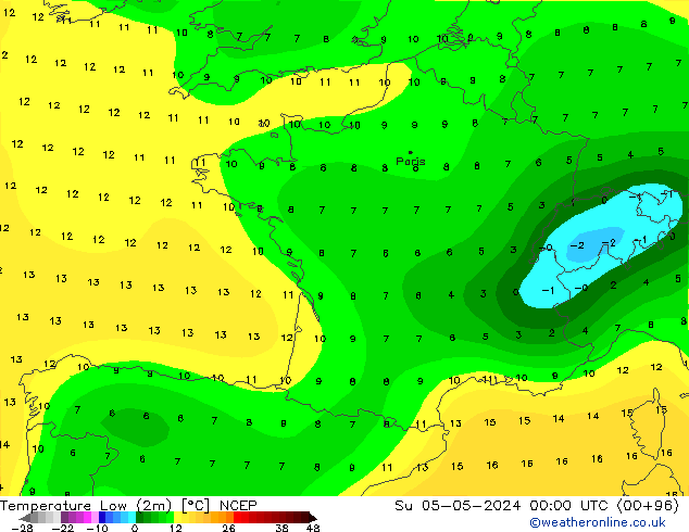 Min.temperatuur (2m) NCEP zo 05.05.2024 00 UTC