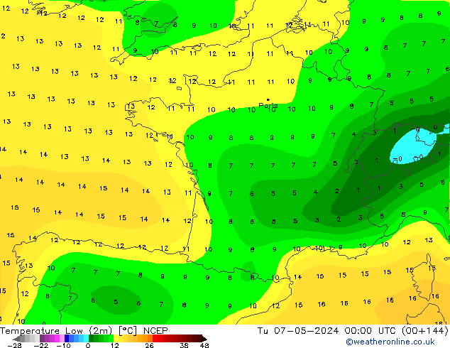 Nejnižší teplota (2m) NCEP Út 07.05.2024 00 UTC