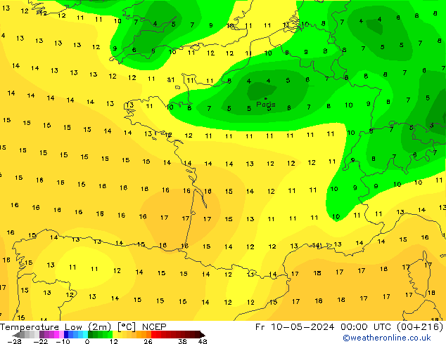 Min. Temperatura (2m) NCEP pt. 10.05.2024 00 UTC