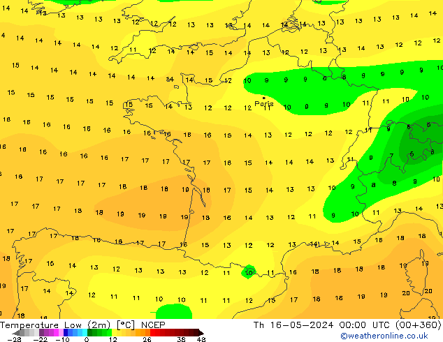 Temperature Low (2m) NCEP Th 16.05.2024 00 UTC