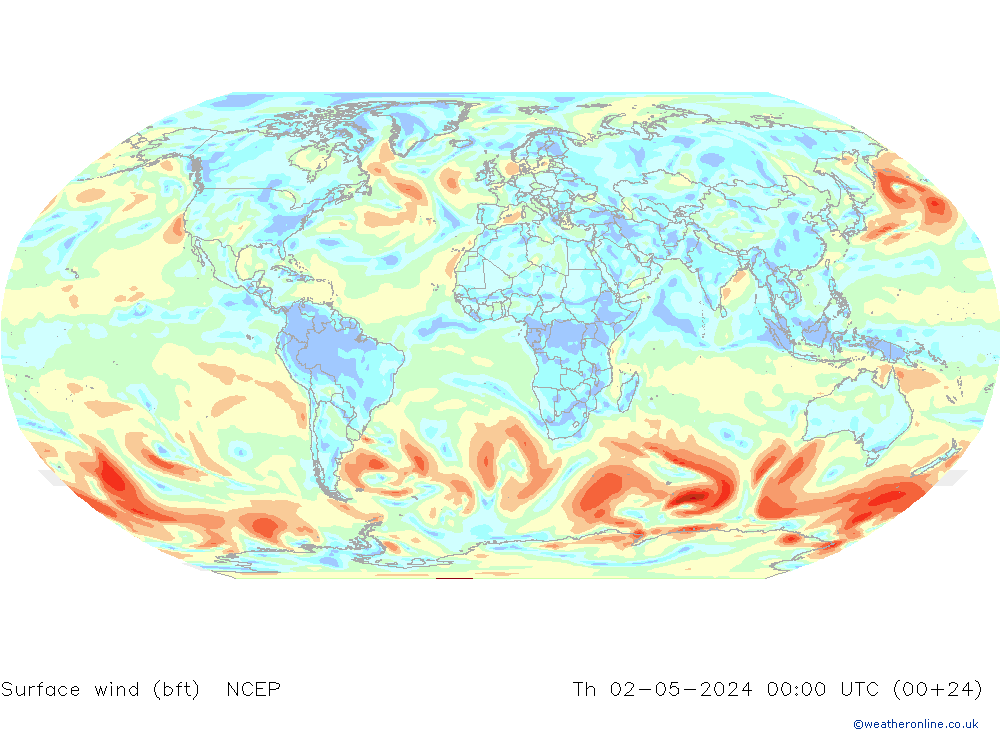 wiatr 10 m (bft) NCEP czw. 02.05.2024 00 UTC