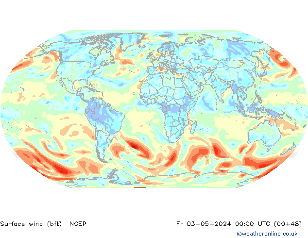 Surface wind (bft) NCEP Pá 03.05.2024 00 UTC