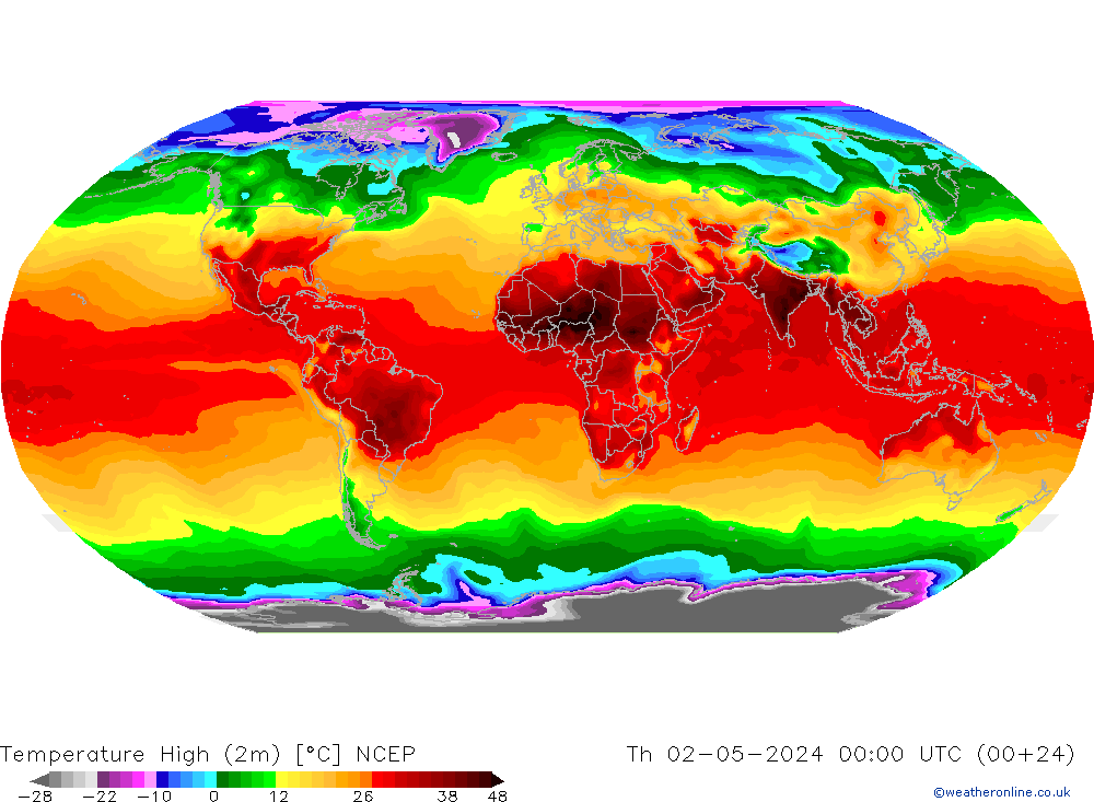 Max.temperatuur (2m) NCEP do 02.05.2024 00 UTC