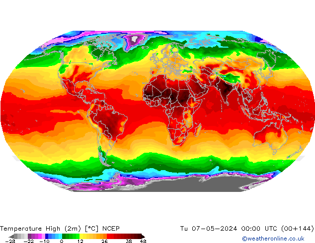 Nejvyšší teplota (2m) NCEP Út 07.05.2024 00 UTC