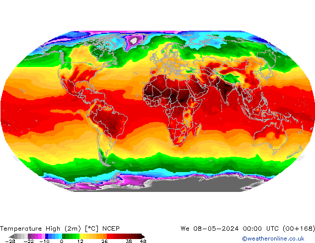 temperatura máx. (2m) NCEP Qua 08.05.2024 00 UTC