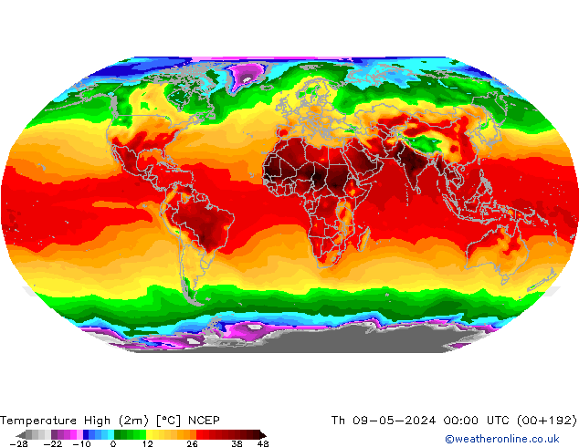 Max.temperatuur (2m) NCEP do 09.05.2024 00 UTC