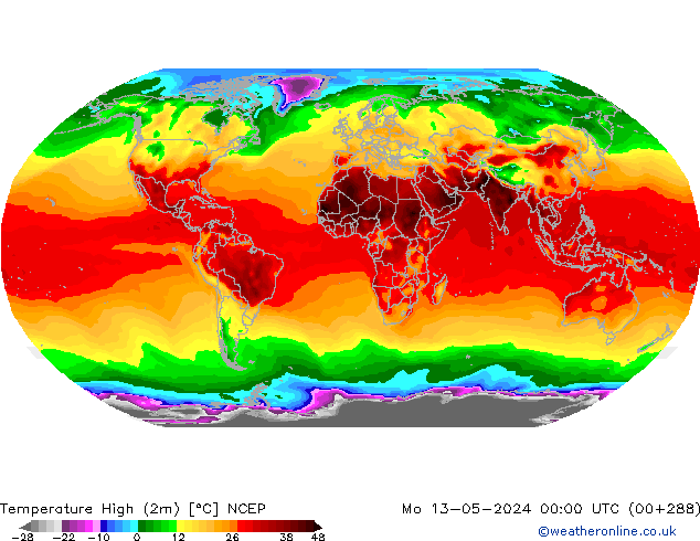 Nejvyšší teplota (2m) NCEP Po 13.05.2024 00 UTC