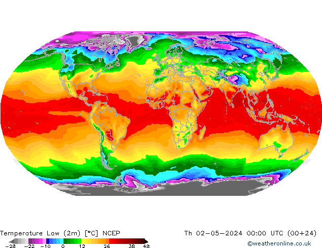 temperatura mín. (2m) NCEP Qui 02.05.2024 00 UTC