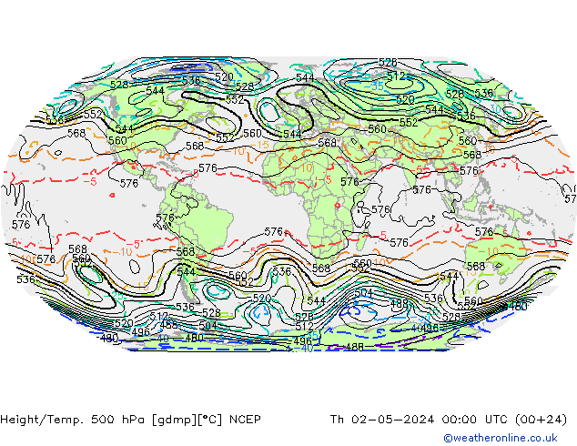 Height/Temp. 500 hPa NCEP czw. 02.05.2024 00 UTC