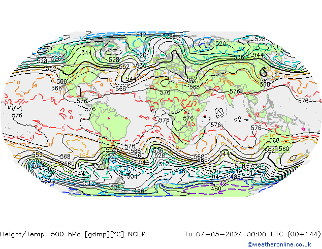 Height/Temp. 500 гПа NCEP вт 07.05.2024 00 UTC