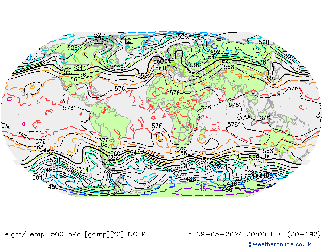 Height/Temp. 500 hPa NCEP Čt 09.05.2024 00 UTC