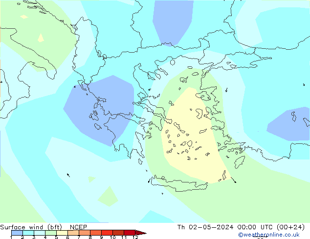 Wind 10 m (bft) NCEP do 02.05.2024 00 UTC