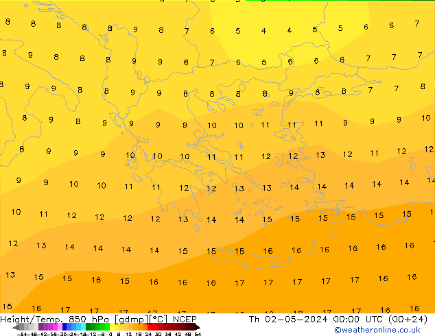 Height/Temp. 850 hPa NCEP czw. 02.05.2024 00 UTC