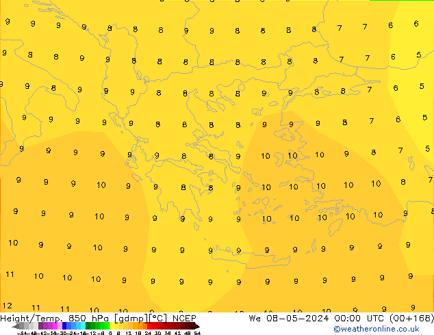Géop./Temp. 850 hPa NCEP mer 08.05.2024 00 UTC