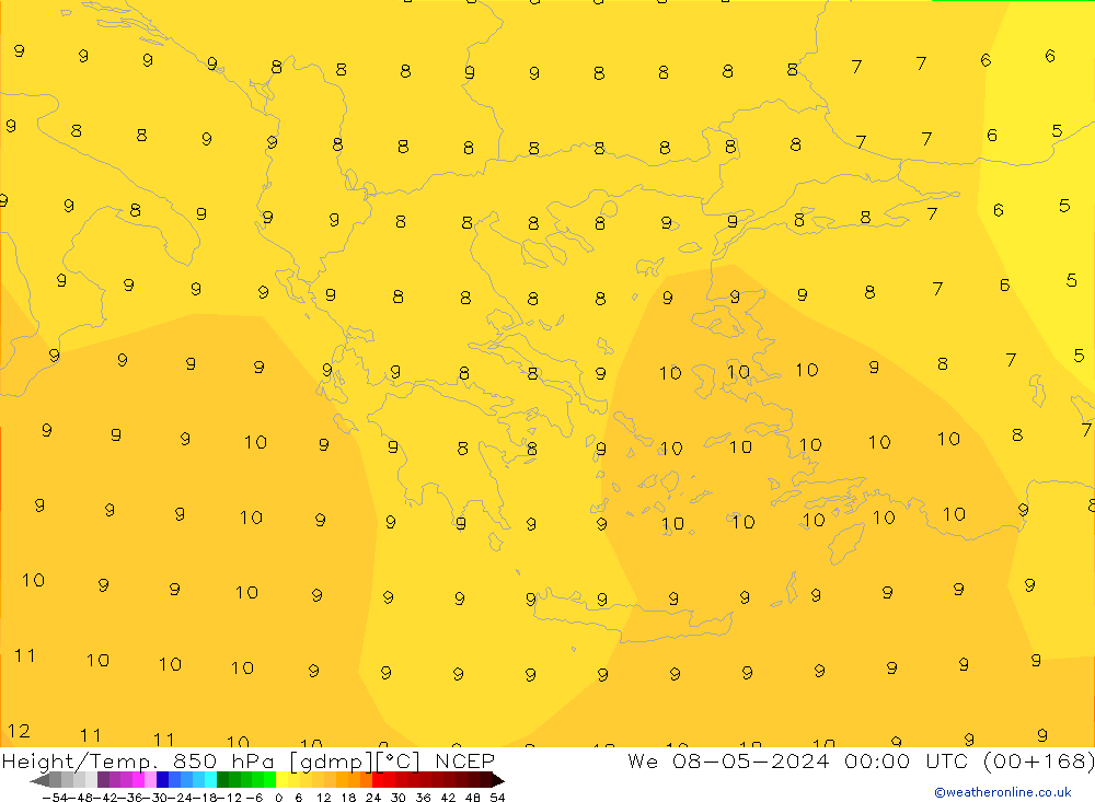 Géop./Temp. 850 hPa NCEP mer 08.05.2024 00 UTC