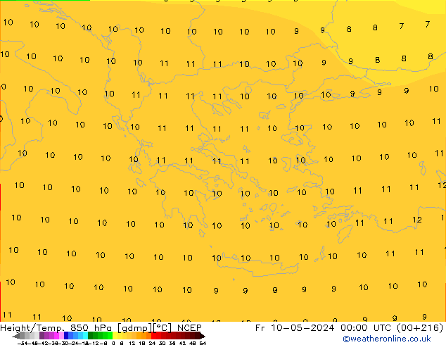 Géop./Temp. 850 hPa NCEP ven 10.05.2024 00 UTC