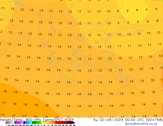 Height/Temp. 850 hPa NCEP nie. 02.06.2024 00 UTC