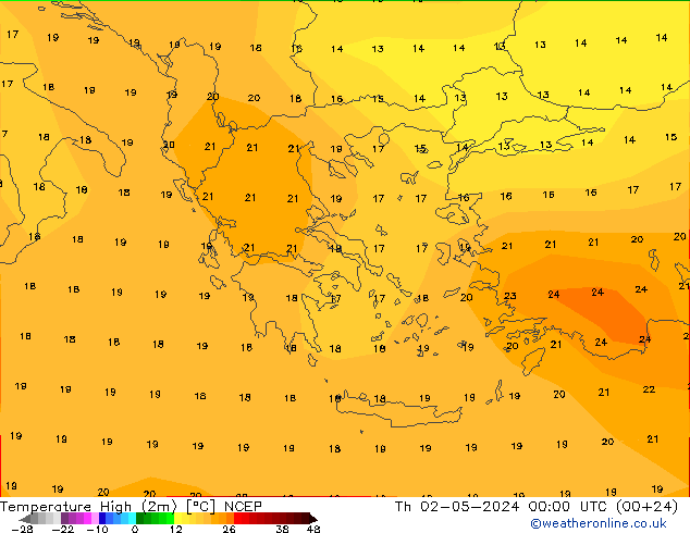 Nejvyšší teplota (2m) NCEP Čt 02.05.2024 00 UTC