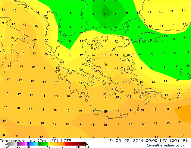 Nejnižší teplota (2m) NCEP Pá 03.05.2024 00 UTC