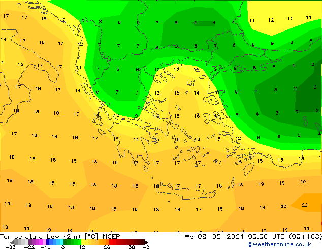 Temperatura mín. (2m) NCEP mié 08.05.2024 00 UTC