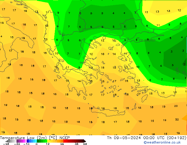 Min.temperatuur (2m) NCEP do 09.05.2024 00 UTC