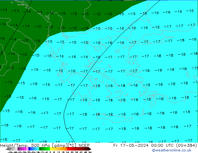 Hoogte/Temp. 500 hPa NCEP vr 17.05.2024 00 UTC