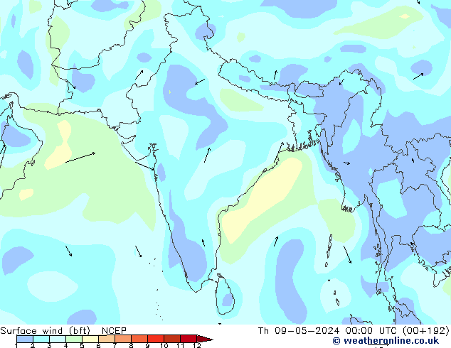 Vento 10 m (bft) NCEP gio 09.05.2024 00 UTC