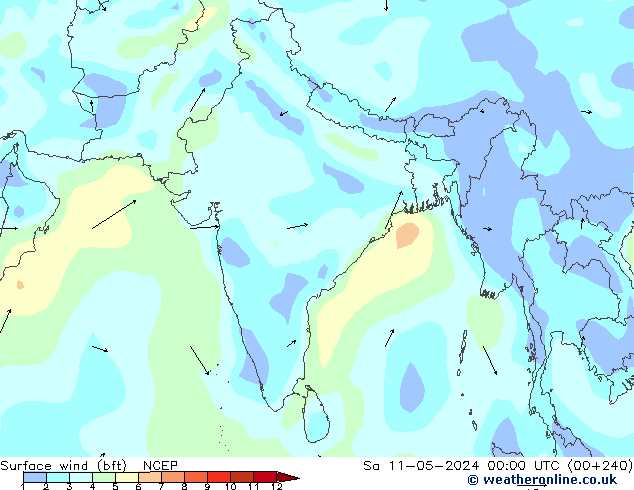 Vento 10 m (bft) NCEP sab 11.05.2024 00 UTC