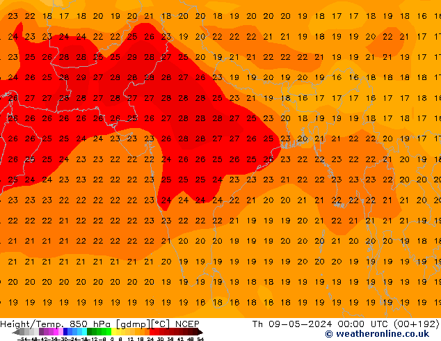 Height/Temp. 850 hPa NCEP gio 09.05.2024 00 UTC