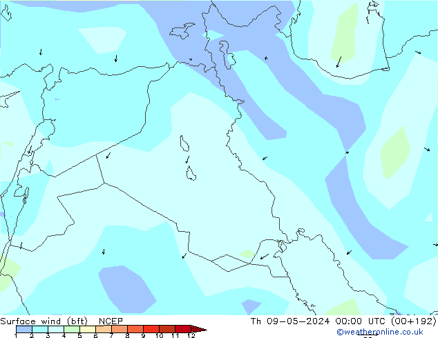 Surface wind (bft) NCEP Th 09.05.2024 00 UTC