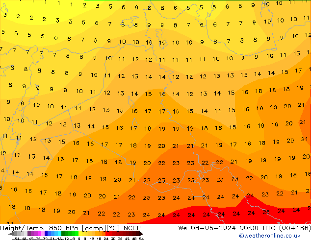 Geop./Temp. 850 hPa NCEP mié 08.05.2024 00 UTC