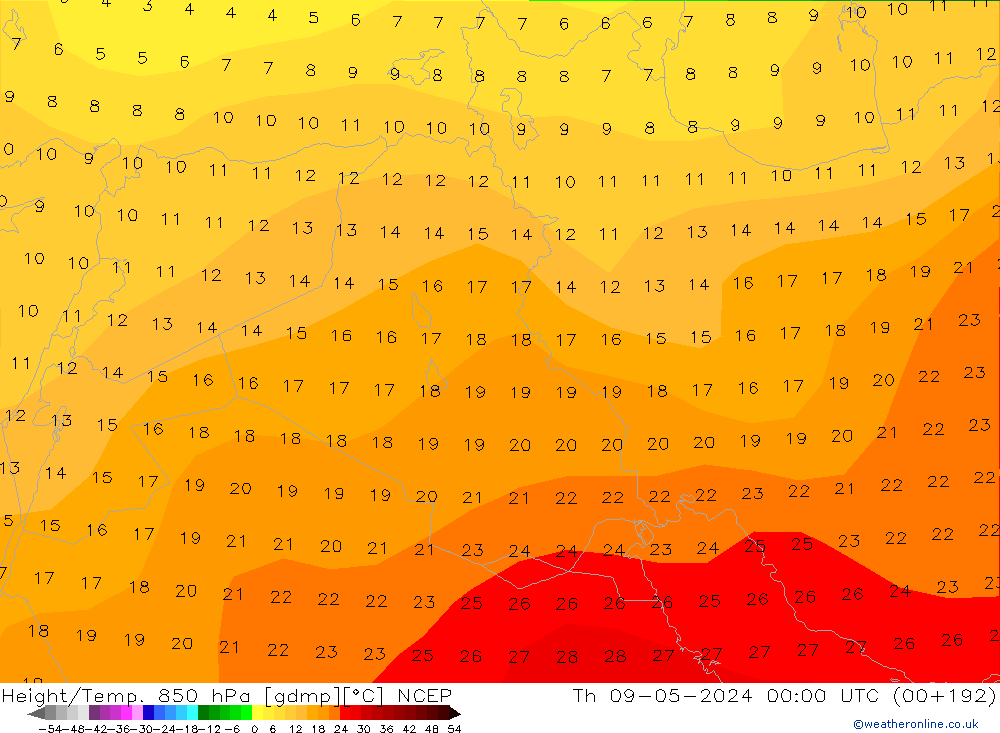 Height/Temp. 850 hPa NCEP Th 09.05.2024 00 UTC