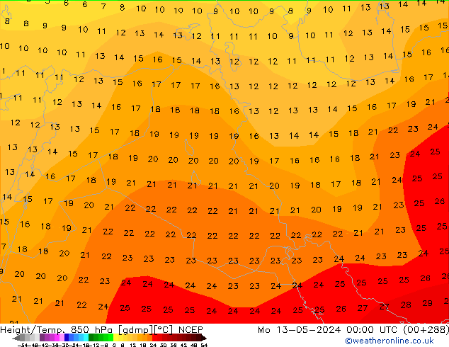 Height/Temp. 850 hPa NCEP Seg 13.05.2024 00 UTC