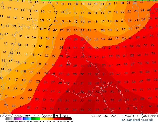 Height/Temp. 850 hPa NCEP Su 02.06.2024 00 UTC