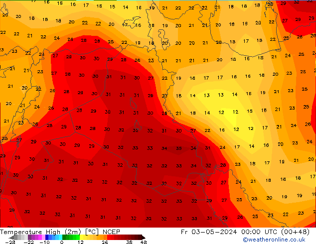 Max. Temperatura (2m) NCEP pt. 03.05.2024 00 UTC