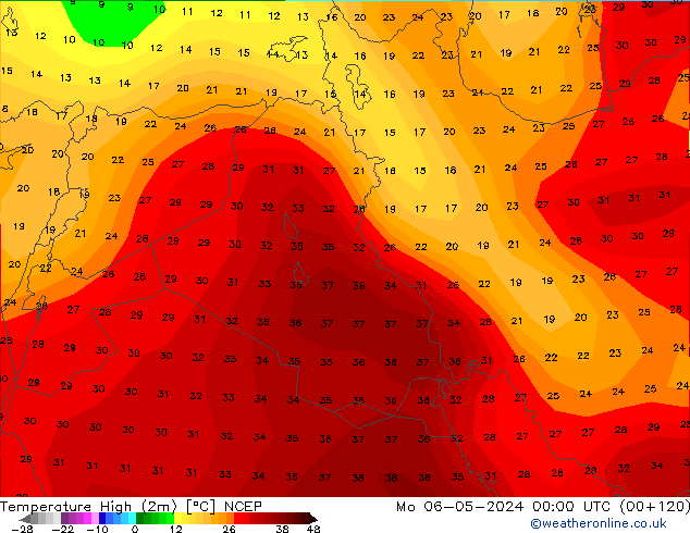 Max.temperatuur (2m) NCEP ma 06.05.2024 00 UTC