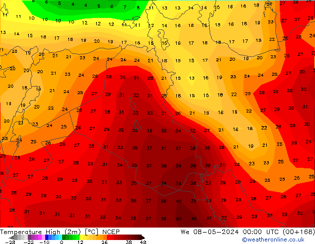 Höchstwerte (2m) NCEP Mi 08.05.2024 00 UTC