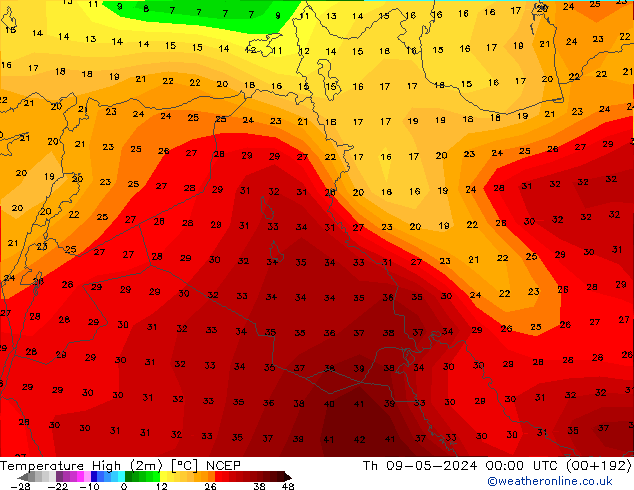 Max.temperatuur (2m) NCEP do 09.05.2024 00 UTC