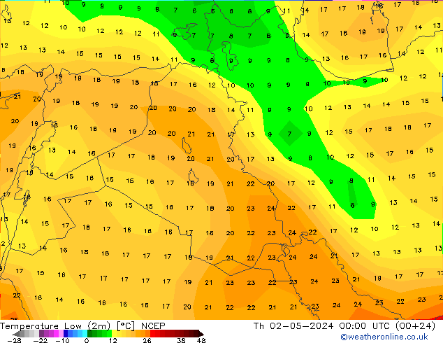 Temp. minima (2m) NCEP gio 02.05.2024 00 UTC