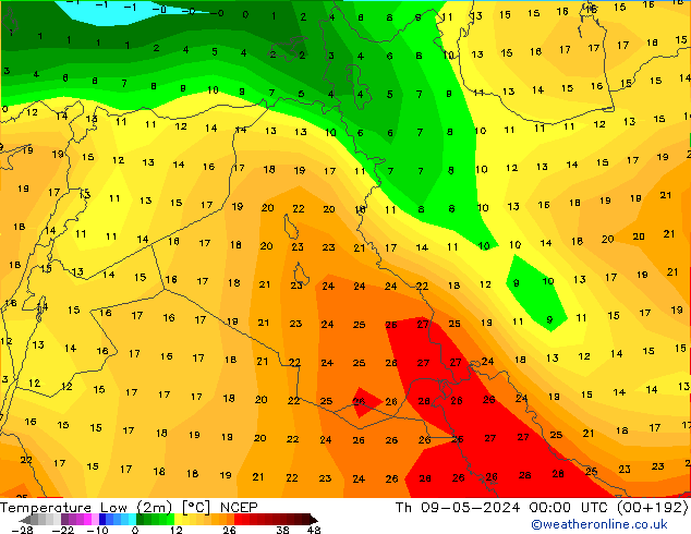 Nejnižší teplota (2m) NCEP Čt 09.05.2024 00 UTC