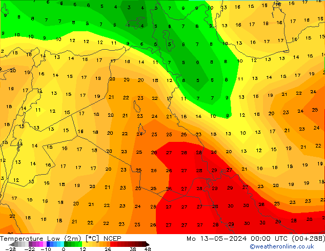 Min. Temperatura (2m) NCEP pon. 13.05.2024 00 UTC