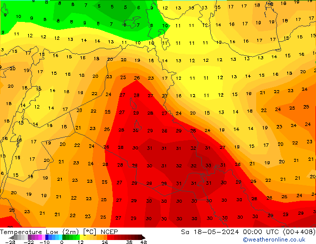 Min. Temperatura (2m) NCEP so. 18.05.2024 00 UTC