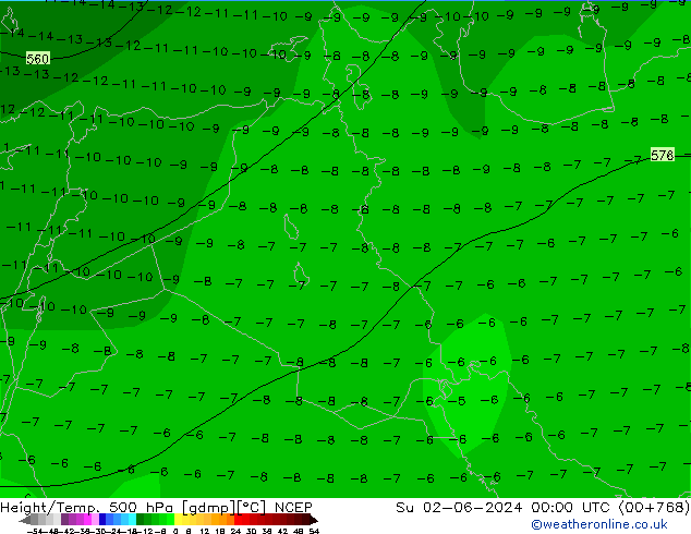 Height/Temp. 500 hPa NCEP Su 02.06.2024 00 UTC