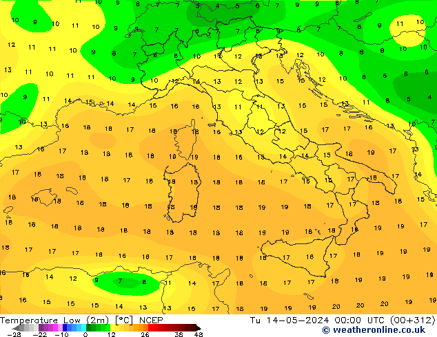 temperatura mín. (2m) NCEP Ter 14.05.2024 00 UTC