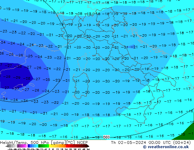 Height/Temp. 500 hPa NCEP gio 02.05.2024 00 UTC