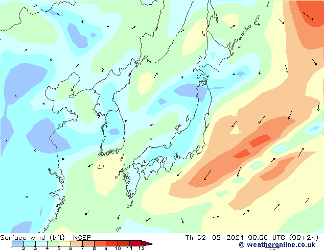 Vento 10 m (bft) NCEP Qui 02.05.2024 00 UTC