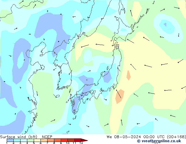 Surface wind (bft) NCEP We 08.05.2024 00 UTC