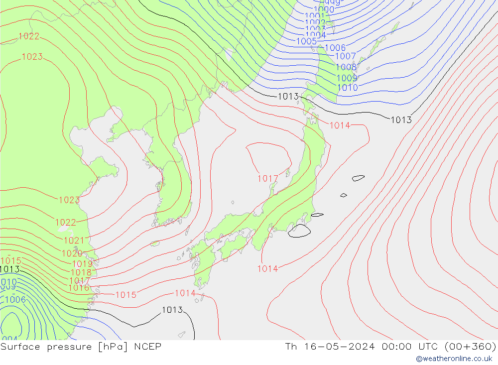 Presión superficial NCEP jue 16.05.2024 00 UTC