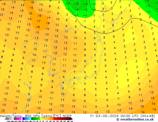 Geop./Temp. 850 hPa NCEP vie 03.05.2024 00 UTC